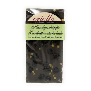 Handgeschöpfte Zartbitterschokolade Sauerkirsch grüner Pfeffer ca.100g